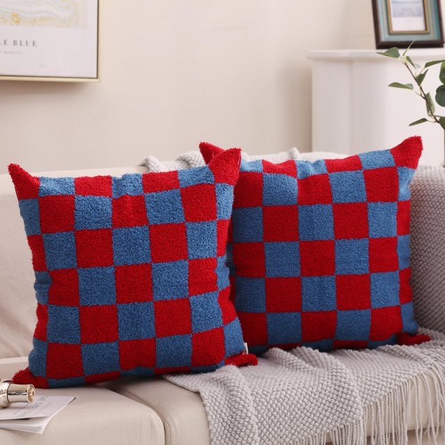 Alysheer Fundas de almohada decorativas bordadas a cuadros, 18.0 x 18.0 in, juego de 2 fundas de cojín clásicas y elegantes de lona de algodón con estampado de cuadros rojos y azules para sofá, cama,