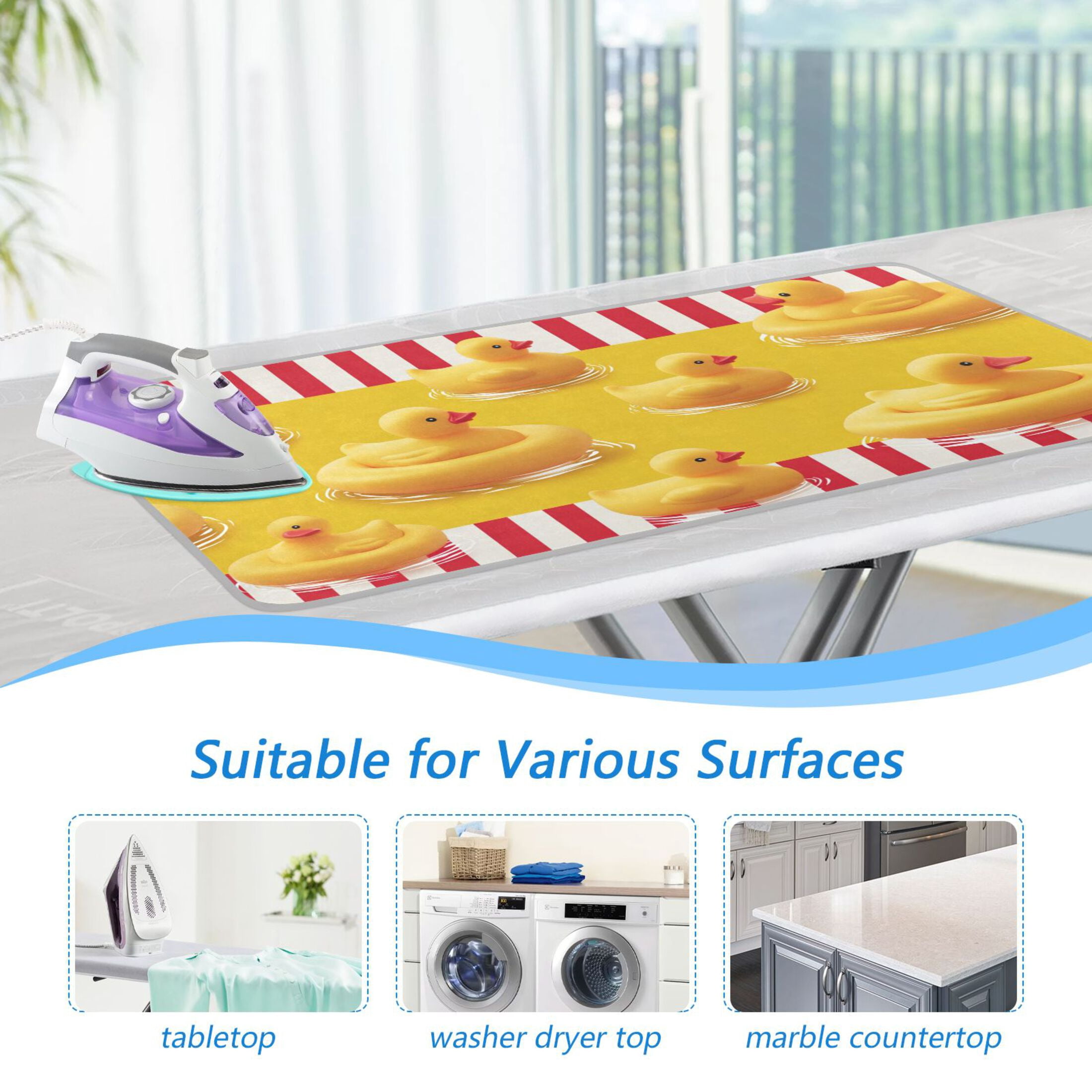 Red Stripes Yellow Rubber Duck Swim Ironing Mat Blanket Portable Travel Ironing Pad Heat Resistant Pad 47.2" x 27.6”