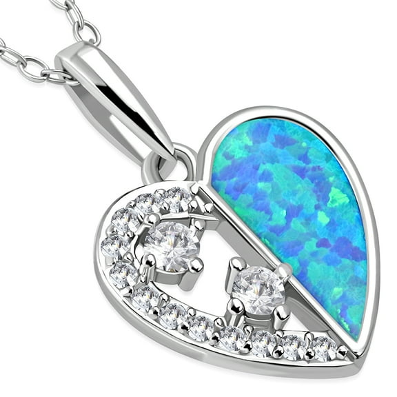 925 Sterling Silver Clear CZ Simulated Blue Opal Love Heart Pendant Necklace Stud Earrings Set, 18"