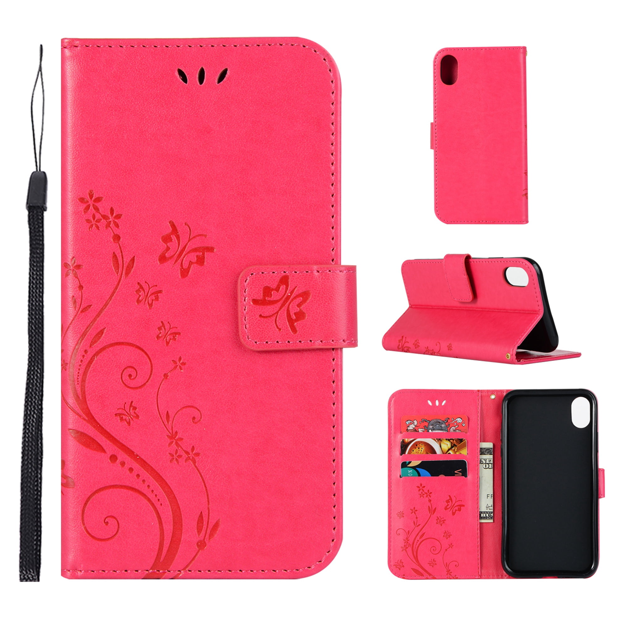 iPhone XS Max Wallet Case, Dteck Embossed Flower Butterfly Magnetic Flip PU Leather Folio Stand Case Cover Built-in Card Slots & Money Pocket, with wrist Strap, For Apple iPhone XS Max, Red
