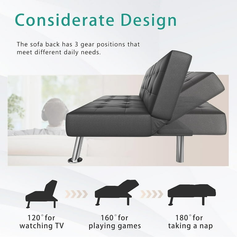 Flamaker Futon Sofa Bed Modern Folding Futon Set Faux Fabric Convertible Recliner Lounge for Living Room with 2 Cup Holders Removable Armrests Faux Fabric Black Walmart