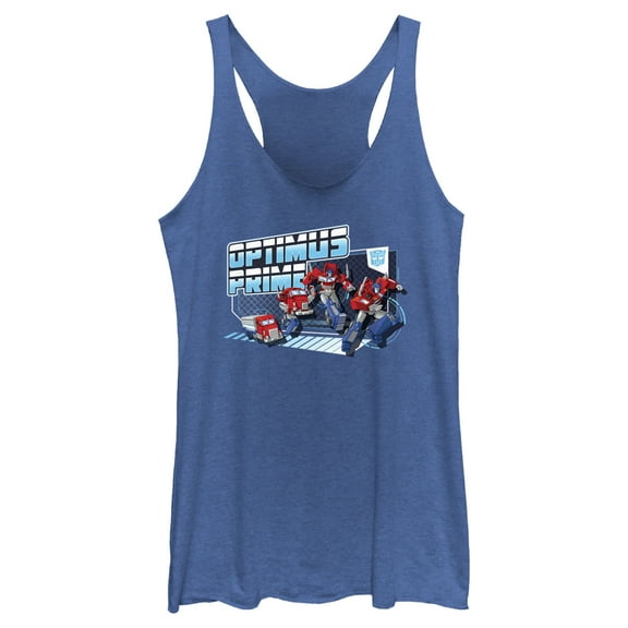 Women's Transformers: EarthSpark Transforming Optimus Prime Racerback Tank Top Royal Blue Heather Large