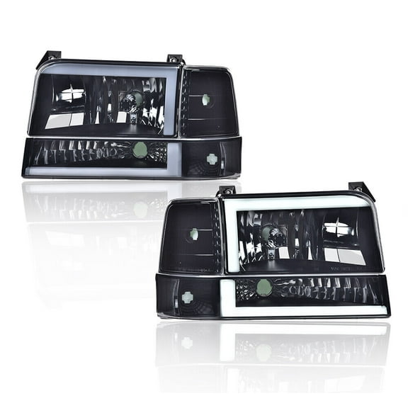 Headlights Fit For 1992-1996 Ford F150 F250 F350 Dual LED DRL Bumper Smoked Lamp