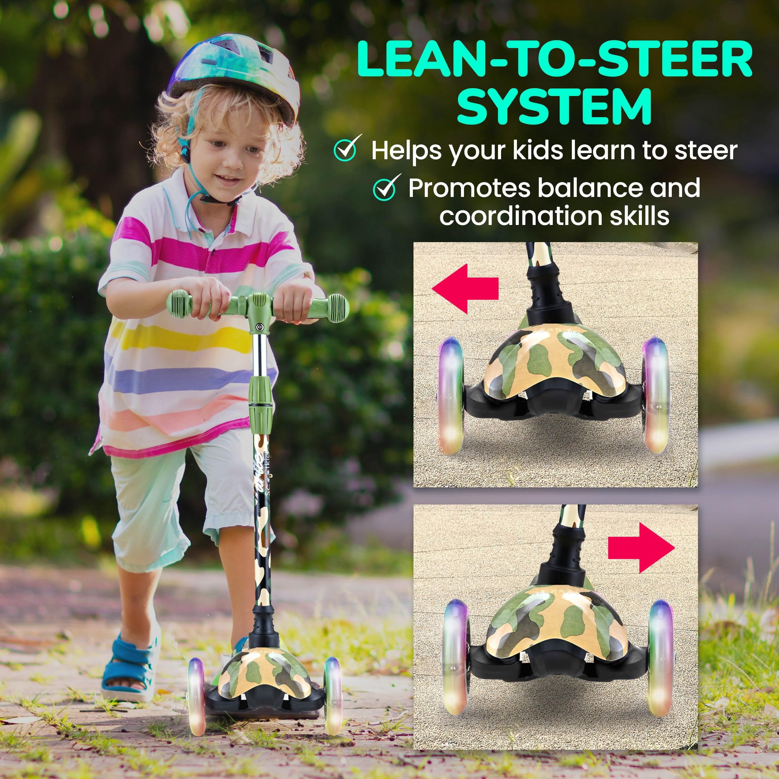 Hurtle Mini Kickboard Scooter for Kids - Height Adjustable 25''-28'', Lightweight 3-Wheels with LED Light-up, Anti-Slip,Indoor/Outdoor Fun, Micro-Scooter for Ages 2-5