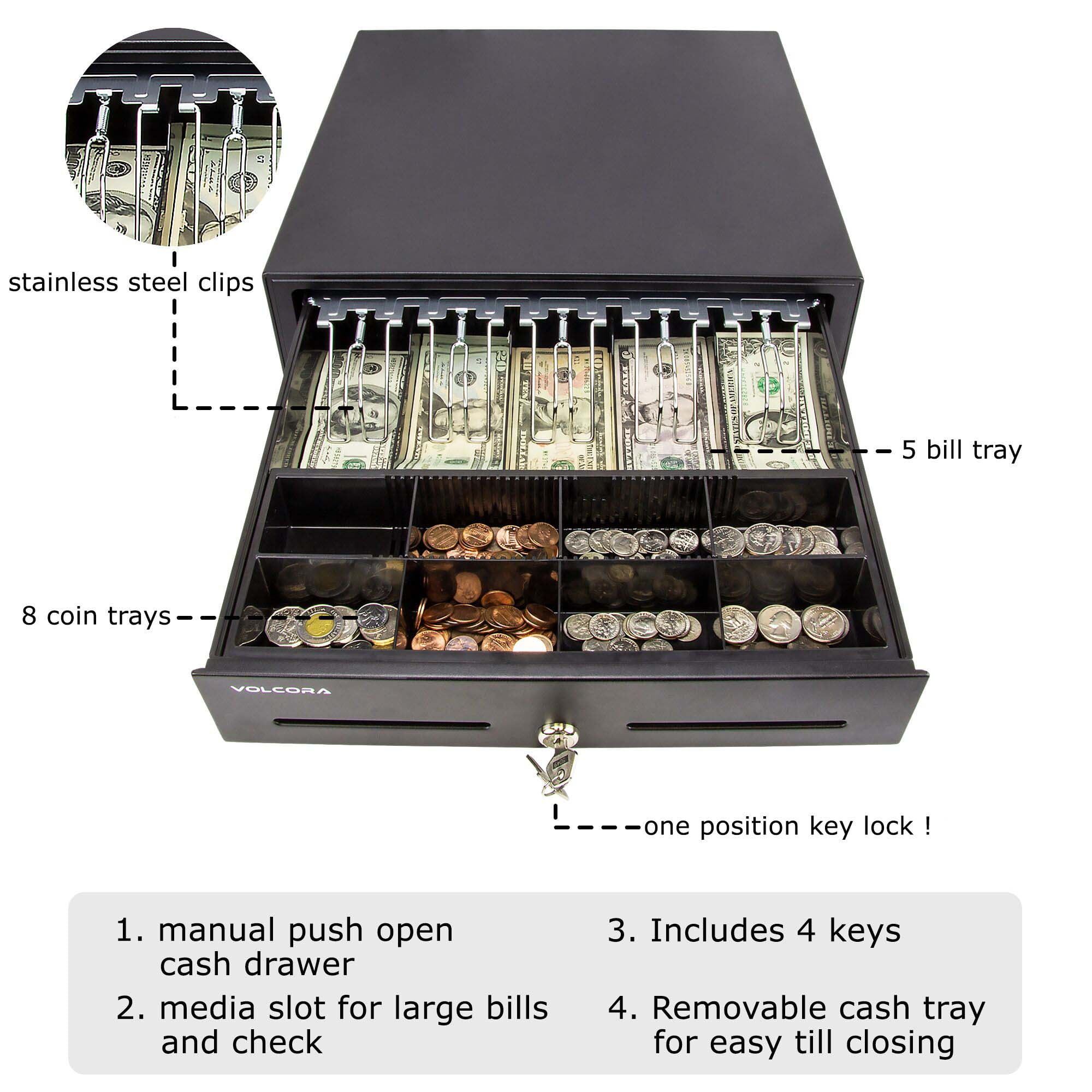 POS Key Lock with Fully Removable Money Tray and Double Media Slots System Black Heavy Duty Till with 5 Bills//8 Coin Slots 16 Manual Push Open Cash Register Drawer for Point of Sale