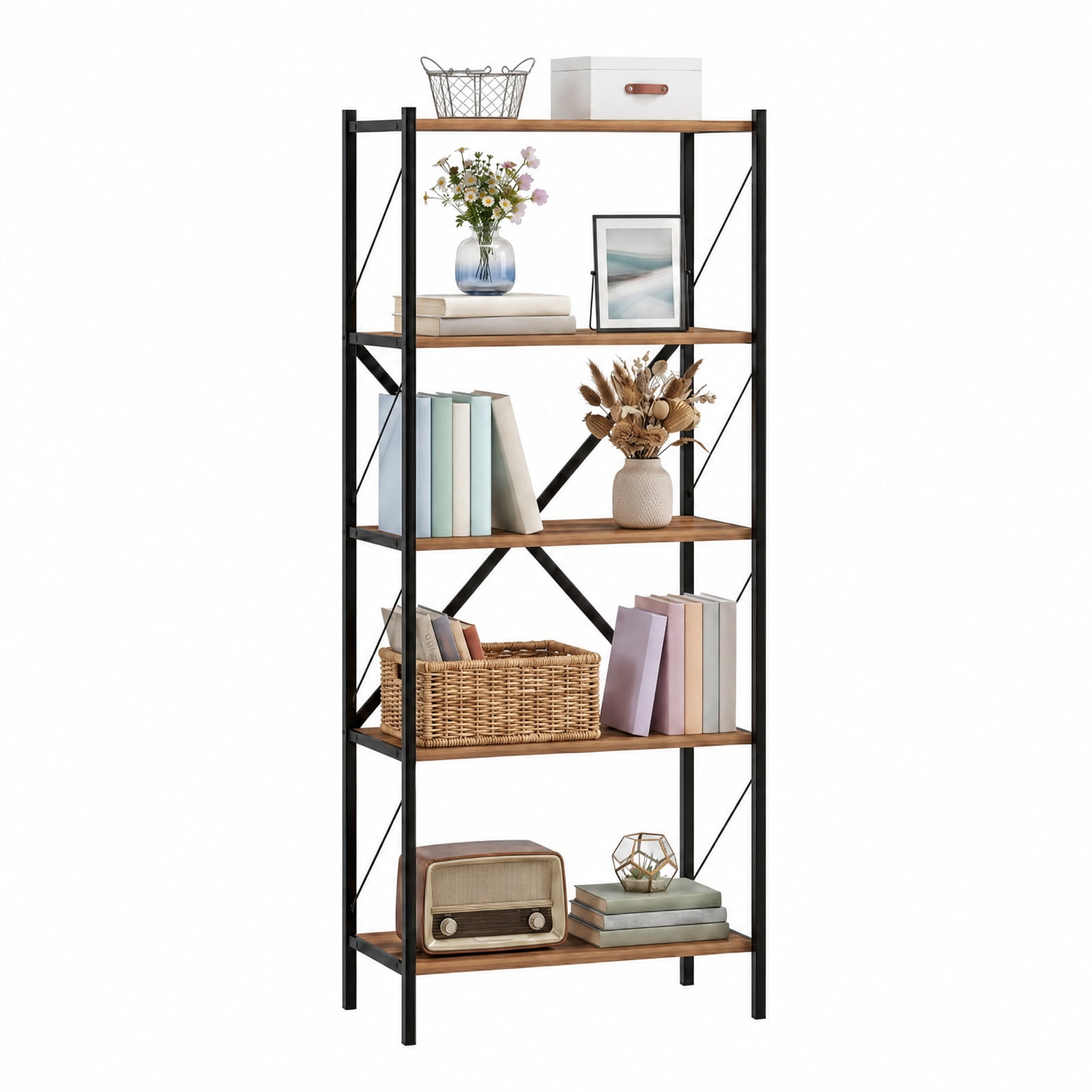 Furnibear 5-Tier Tall Bookshelf Industrial Bookcase with Heavy-Duty Metal Frame Modern Storage for Living Room Home Office Bedroom Display, Walnut