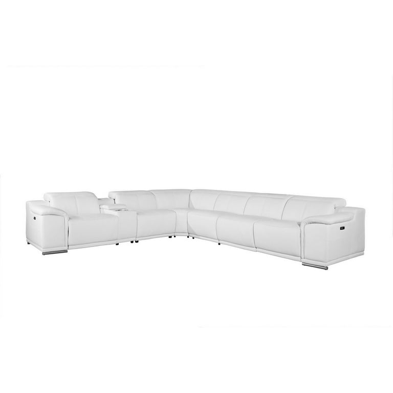 White Italian Leather Power Reclining U Shaped Seven Piece Corner Sectional With Console White Italian Leather Power Reclining U Shaped Seven Piece Corner Sectional With Console