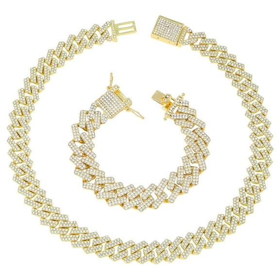 Boss Up and Flex with Bling'ed Out Hip Hop Jewelry - ZZ Miami Cuban Necklace and Bracelet with Unique Lock and Iced Out Diamonds !! The Perfect Drip !! - ZZ SP Lock Gold NB -24"   9"