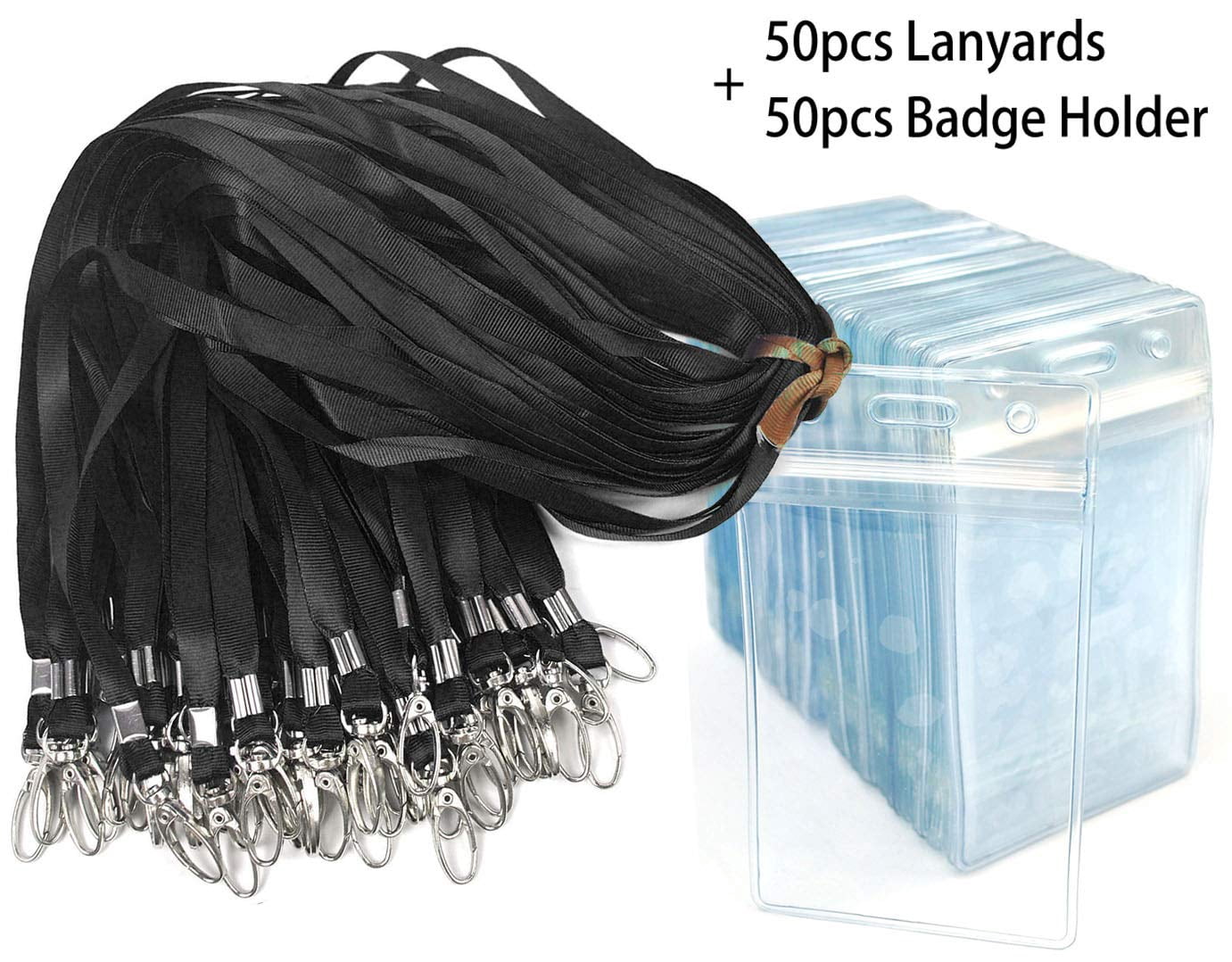 Lanyard With Id Holder 50 Waterproof Name Tag Vertical Badge Card Holders Pass And 50 Flat Neck Black Lanyards Swivel Hook