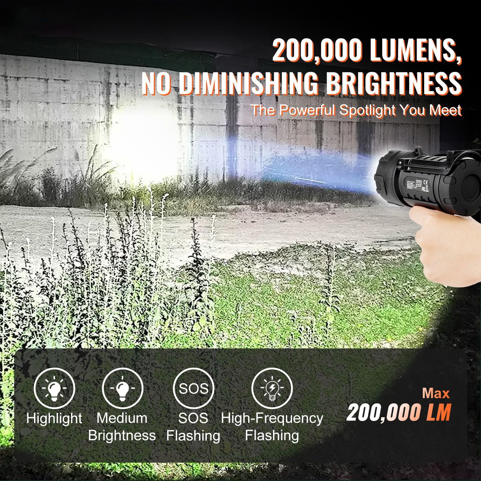 Rechargeable Cordless LED Spotlight 200000 Lumens, 350m Beam Portable Flashlight, High Power Handheld Light for Camping Hunting Emergency