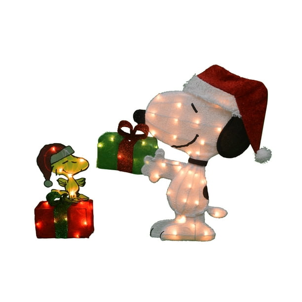 26" Peanuts 2D PreLit Animated Yard Art Décor Snoopy and Woodstock on Gift