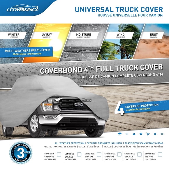 Coverking Car Cover UVCTFLSN98 Coverbond 4; For Full Size Trucks With Standard Cab Long Bed; All Weather Protection; Gray; Polypropylene; Without Antenna Pocket; Without Mirror Pockets; Lockable