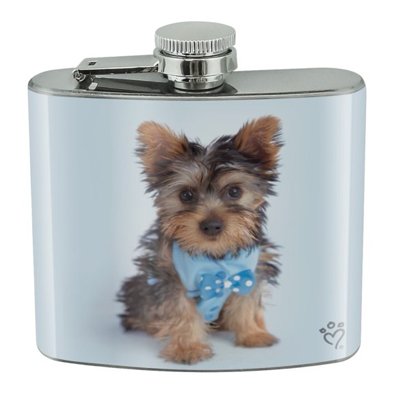 Yorkie Yorkshire Terrier Puppy Dog Blue Bow Tie Stainless Steel 5oz Hip Drink Kidney Flask