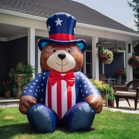 4Th Of July Inflatables Outdoor Holiday Yard Decorations 6Ft Bear With Tie Led Blow Up Decor For Patriotic Decorations