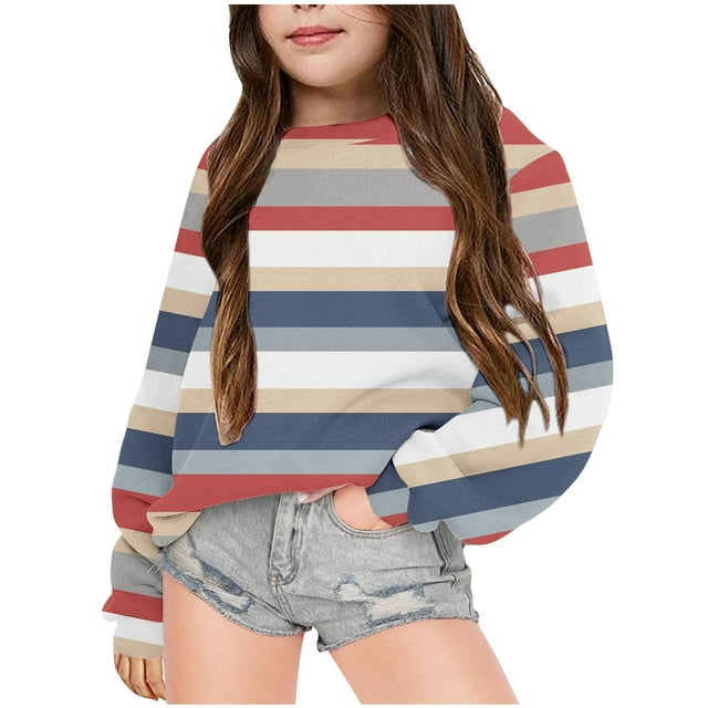 RXIRUCGD Chandail en Molleton à Rayures pour Filles Col Rond Manches Longues Chandail Décontracté Ample Mode Automne Hiver Mode Urbaine, Chandail en Molleton Gris pour Filles Taille 5-6 Ans