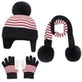 thumbnail image 2 of qolati Kids Winter Knit Warm Beanie Hat Scarf Gloves Set Toddlers Boys Girls Earflaps Fleece Lined Warm Cap Striped Pompom Hats Mittens Scarf Warmer Set 1-5 Years, 2 of 6