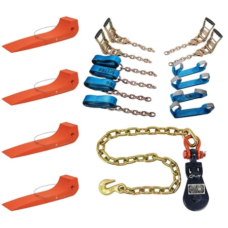 Tow Truck Tie Down Kit - Blue 8 Point Rollback Tie Down System with 14 Ft Straps & Chain Extensions 4 Pack Tire Skates & 2 Ton Snatch Block Heavy Duty Car Hauler & Wrecker Kit