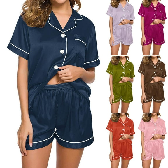 FRSASU Womens Silk Satin Pajamas Short Sleeve Top Shorts Loungewear Two Piece Sleepwear Button Set Purple
