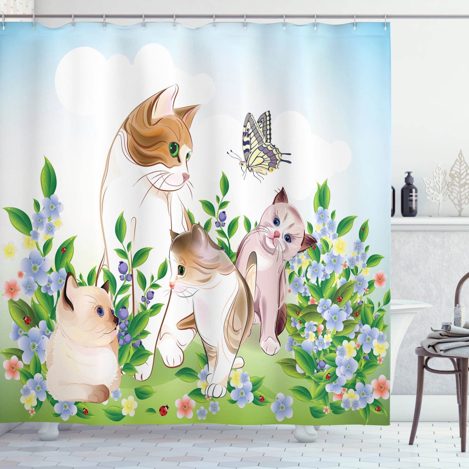 Cat Shower Curtain, Cute Kittens in Flower Meadow Field Happy Cats Family with Butterfly Kids