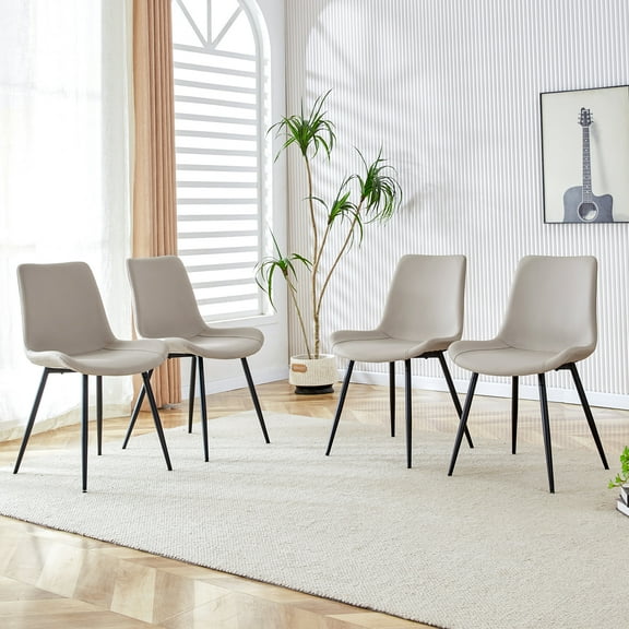 Dining Chairs Light gray artificial leather backrest cushion dining chair, black metal legs,curved widened cushion design for more comfort,suitable for restaurants, kitchens, bedrooms, offices.(4 cha