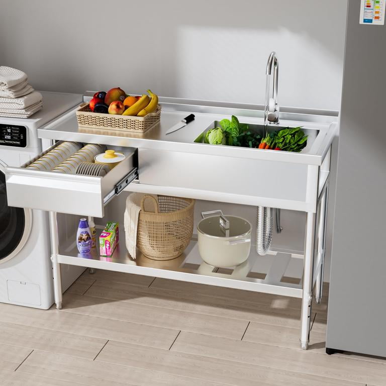 Dapmiu 39.37" Freestanding Stainless Steel Utility Sink with Drawer & Bottom Shelf, Commercial Kitchen Sink with Faucet