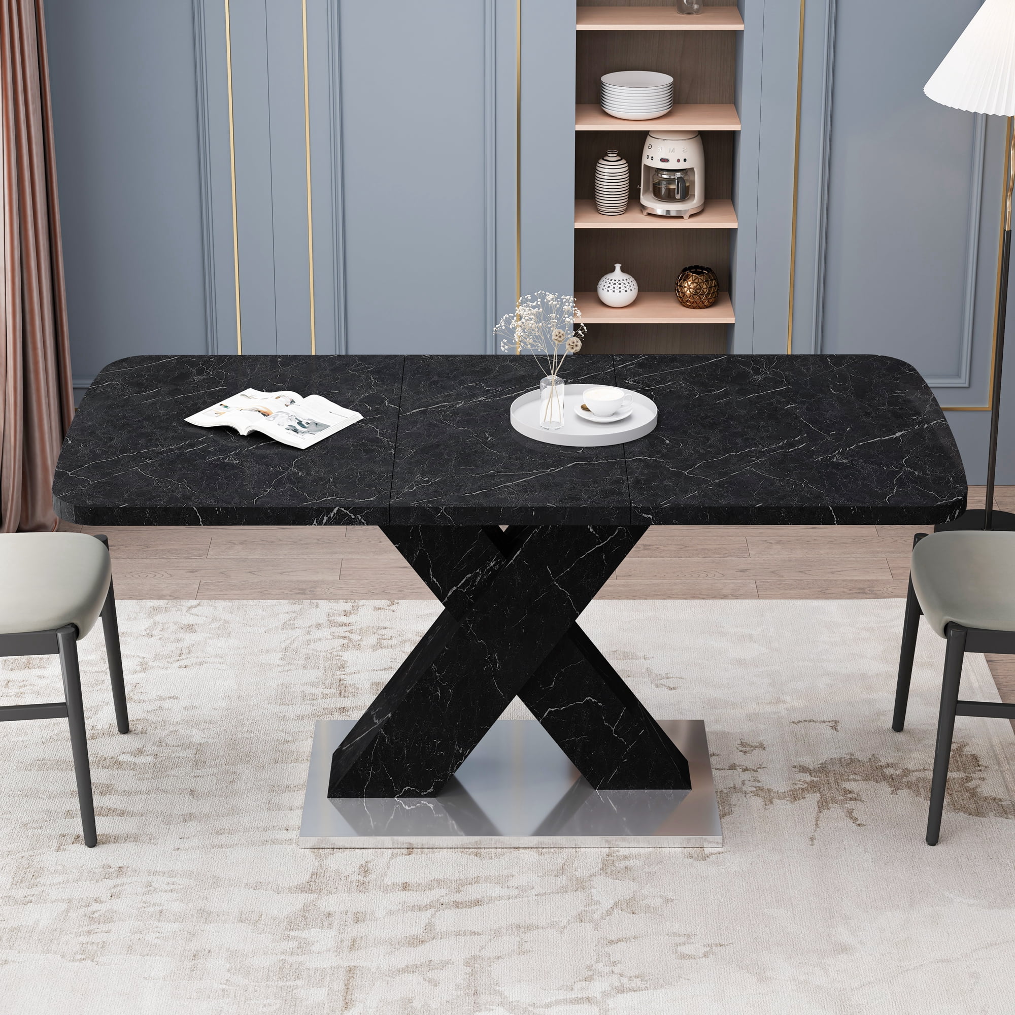 Stretchable Dining Table, Modern Square Dining Table, Black Marble Table Top+MDF X-Shape Table Leg with Metal Base