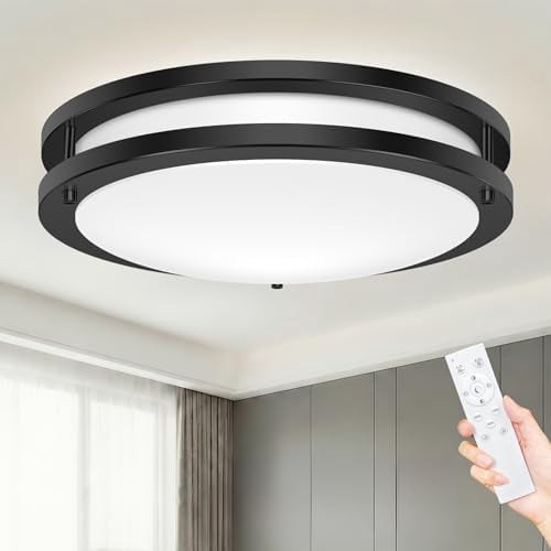 Hepside Flush Mount LED Ceiling Light with Remote, Dimmable 3000K-6500K Adjustable Ceiling Light Fixture, Timer, Night Light, 10 inch Black Ceiling Lamps for Kitchen Bathroom Bedroom Hallway, Black