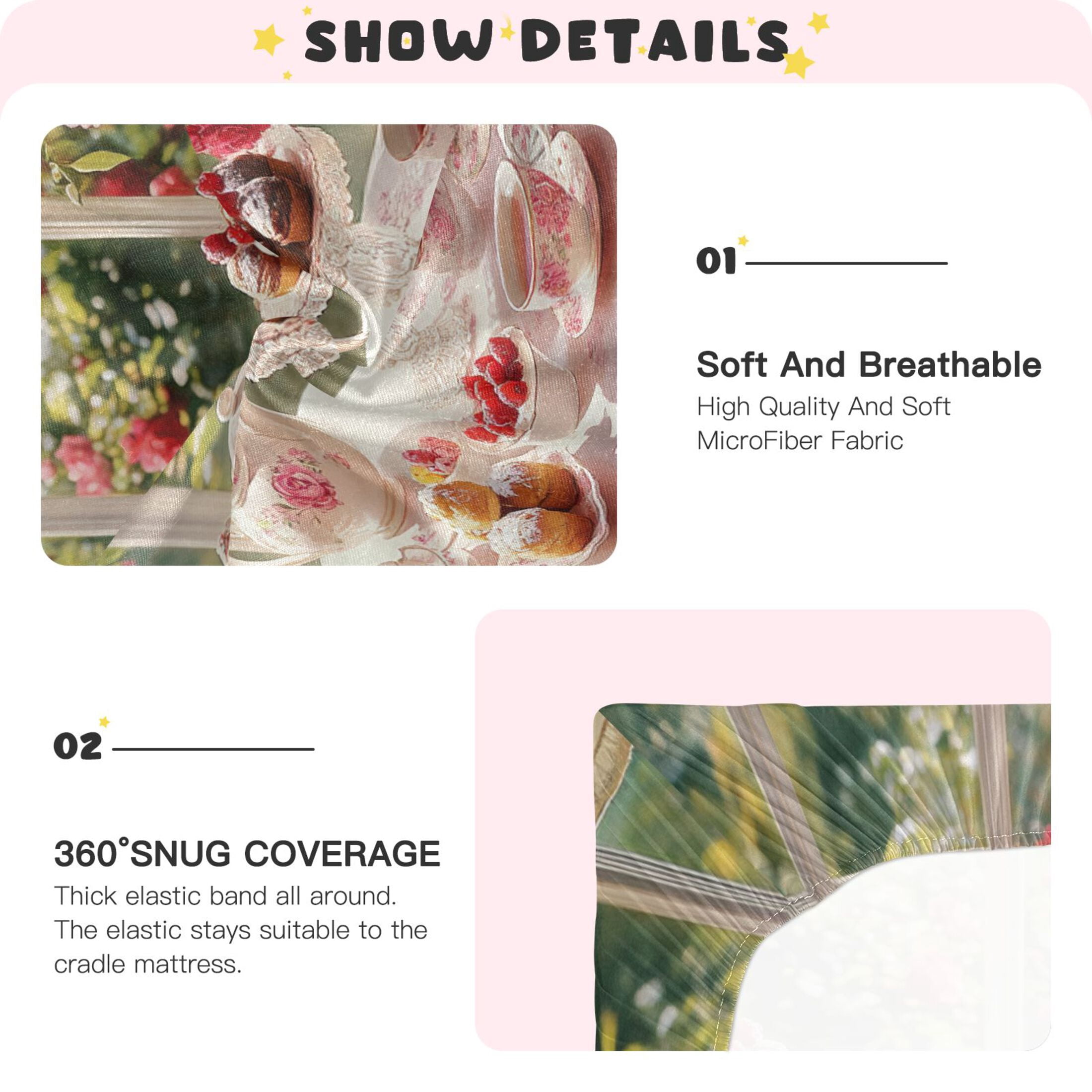 KUANGWANG Ultra Soft Fitted Microfiber Crib Sheets for Newborn Baby Boys Girls Tea Set with Cakes Roses Design Cute Pattern