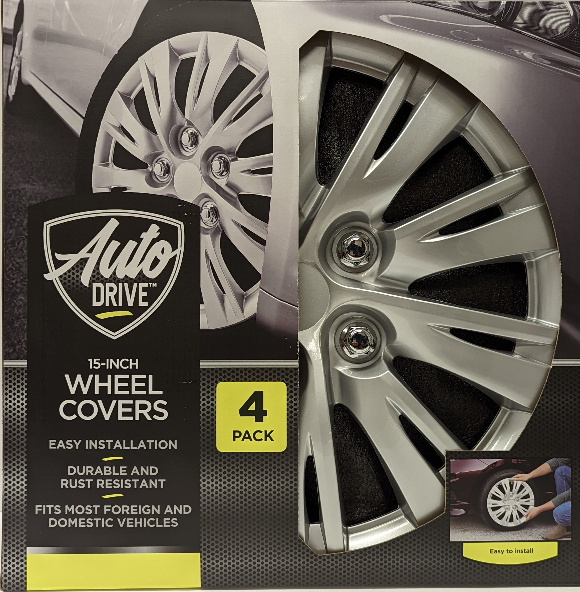 AUTO DRIVE 15 INCH SILVER ALLOY FINISH HUBCAP WHEEL COVERS – SET OF 4 – FITS MOST CARS