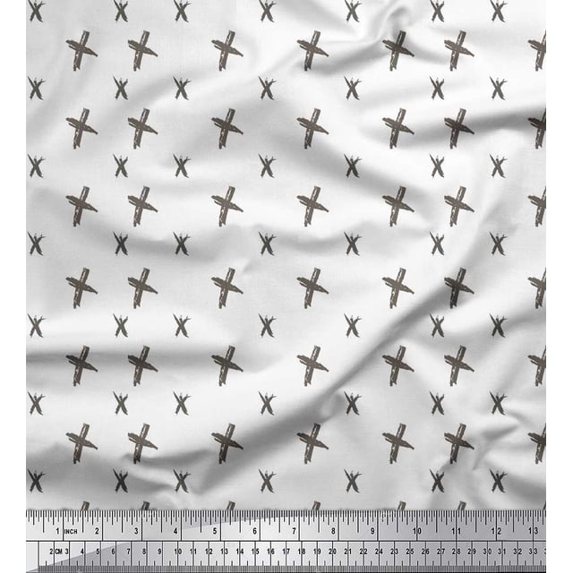 Soimoi White Poly Georgette Fabric Cross & Geometric Printed Craft Fabric by the Yard 42 Inch Wide