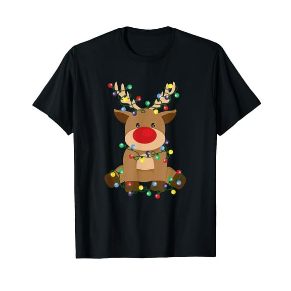 Rudolph Tangled Up In Christmas Tree Lights Holiday Reindeer T-Shirt Black Tee