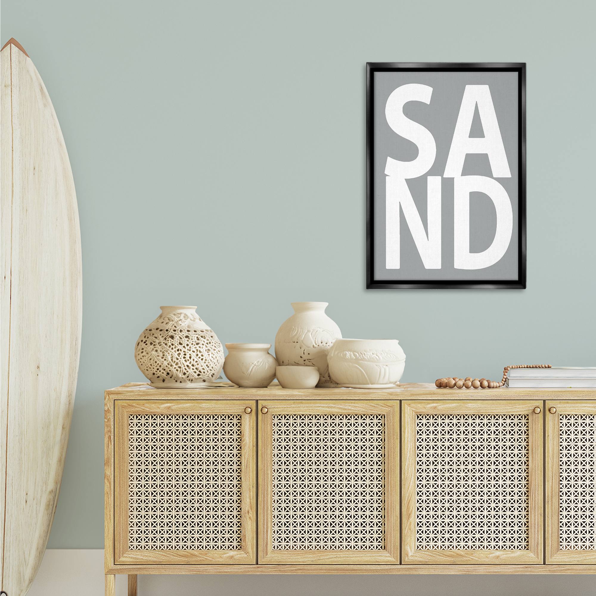 Stupell Industries Sand Word on Grey Typography Painting Black Floater Framed Art Print Wall Art, 21 x 31