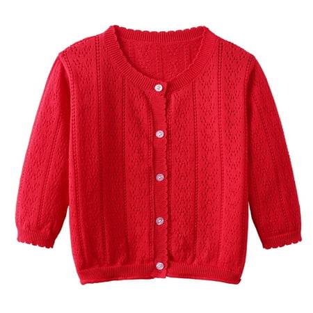 

HAOTAGS Girls Knitting Cotton Cardigan Button Up Kids Long Sleeve Thin Tops Sweater Red Size 18 Months