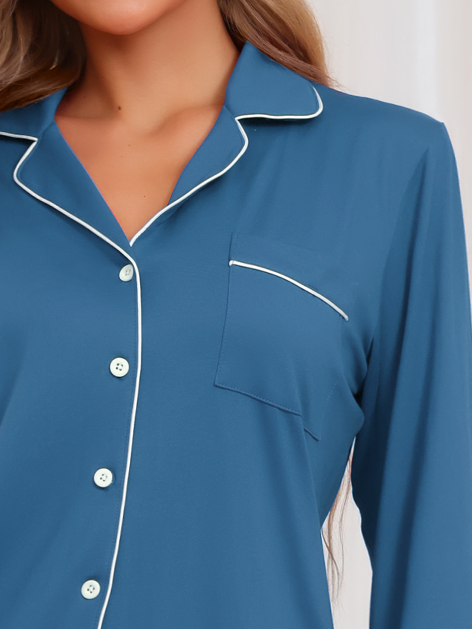 DARING DIVA Women's Long Sleeve Button Down Notch Collar Sleepwear S Blue