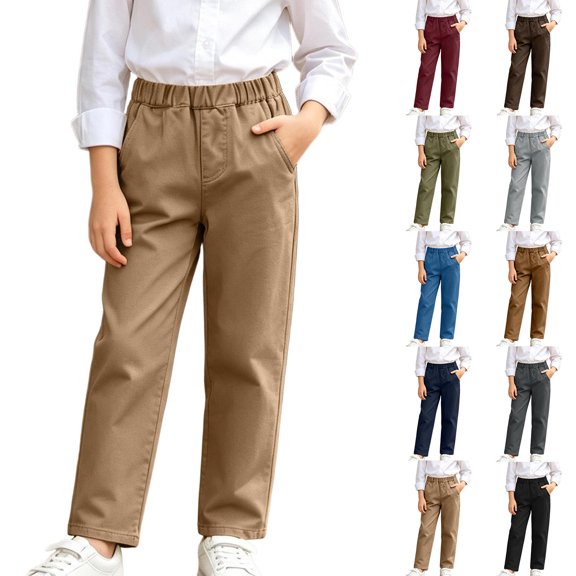 Nskgu Boys Casual Pants Elastic Waist Straight Leg Pull On Dressy with Side Pockets for Big Kids