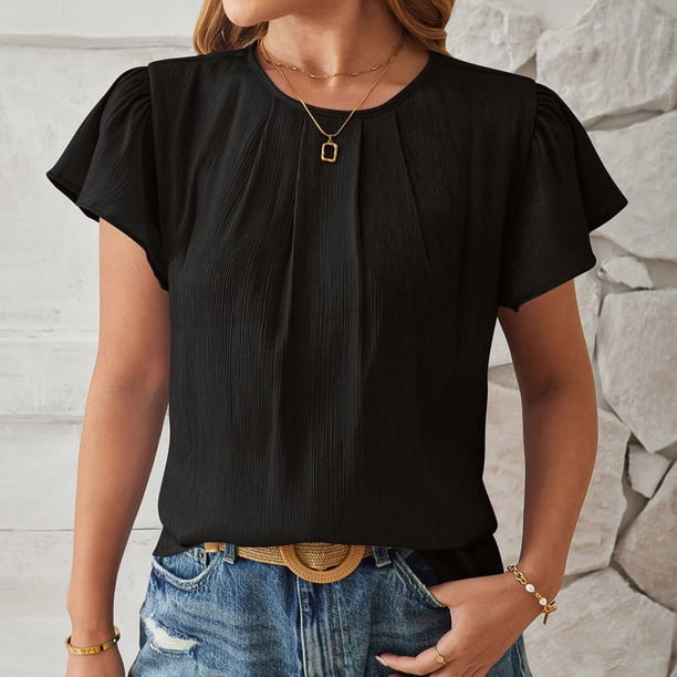 Fiudx Ofertas Relámpago Camiseta de Blusa Superior de Manga 1/2 con Cuello En V Sólido Cómoda Informal de Moda para Mujer