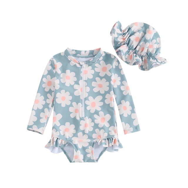 Infant Baby Girl Swimsuit One-Piece Long Sleeve Rash Guard with Hat Set Floral Zipper Bathing Suit Leopard Beach Wear