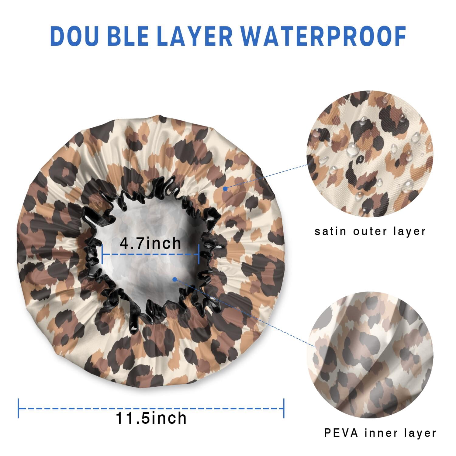 Shower Caps,Beige and Brown Leopard Pattern Waterproof Shower Cap for Women 4 Pieces,Double Reusable Hair Cover for Shower PEVA Elastic Stretch Hem