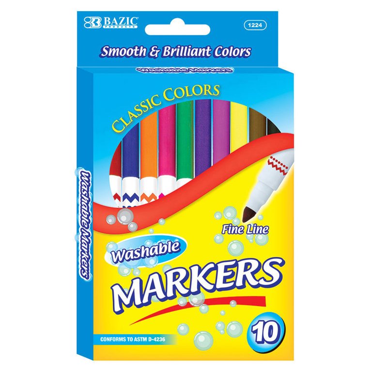 Bazic 10 Color Fine Line Washable Markers - Assortment