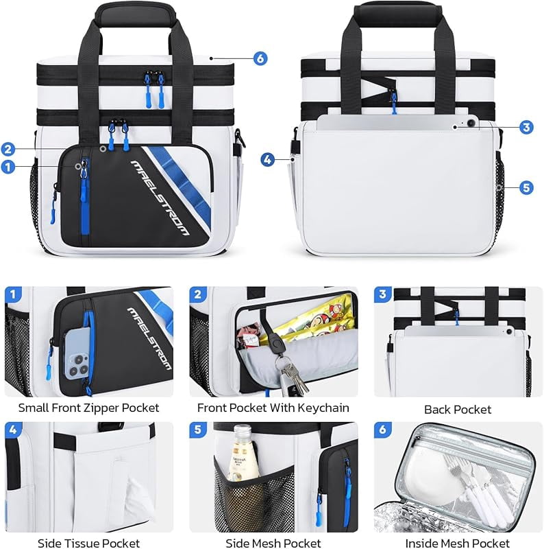 Maelstrom Lunch Box, 20L Insulated Lunch Bag for Men Women, Expandable Double Deck Leakproof Cooler Bag with 6 Pockets, Reusable Lunch Tote Bag for Work, Picnic