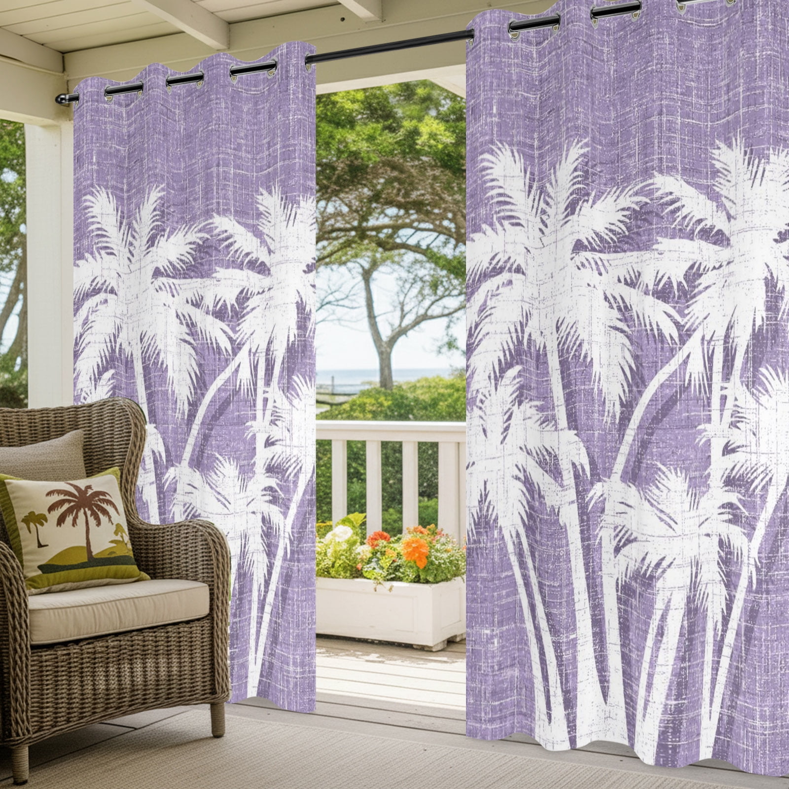 Palm Tree Outdoor Curtains for Patio, Tropical Plant Coastal Summer Purple Sunshade Privacy Drapes Grommet Waterproof Outside Curtains for Porch/Cabana/Balcony 54"x 108", 1 Panel