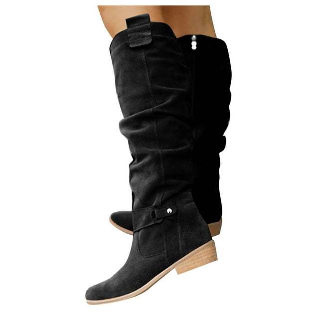 Leozcaa Bottes Hautes pour Femmes avec Talon Bas Épais Bout Pointu Confortables Automne Hiver