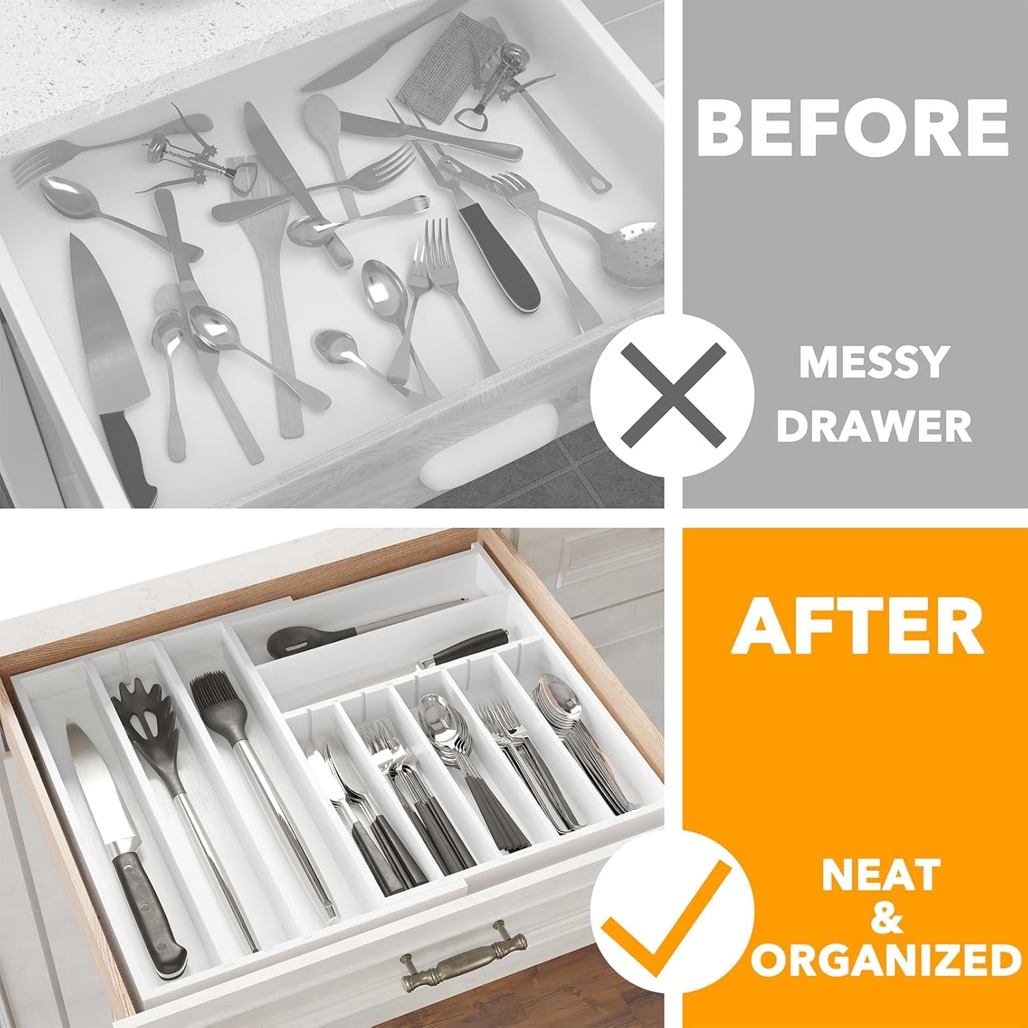 2.5" High Bamboo Silverware Drawer Organizer with Labels, Kitchen Utensil Expandable Tray Holder for Flatware, Cutlery, Spoon and Knives Drawer Storage Organization (White)