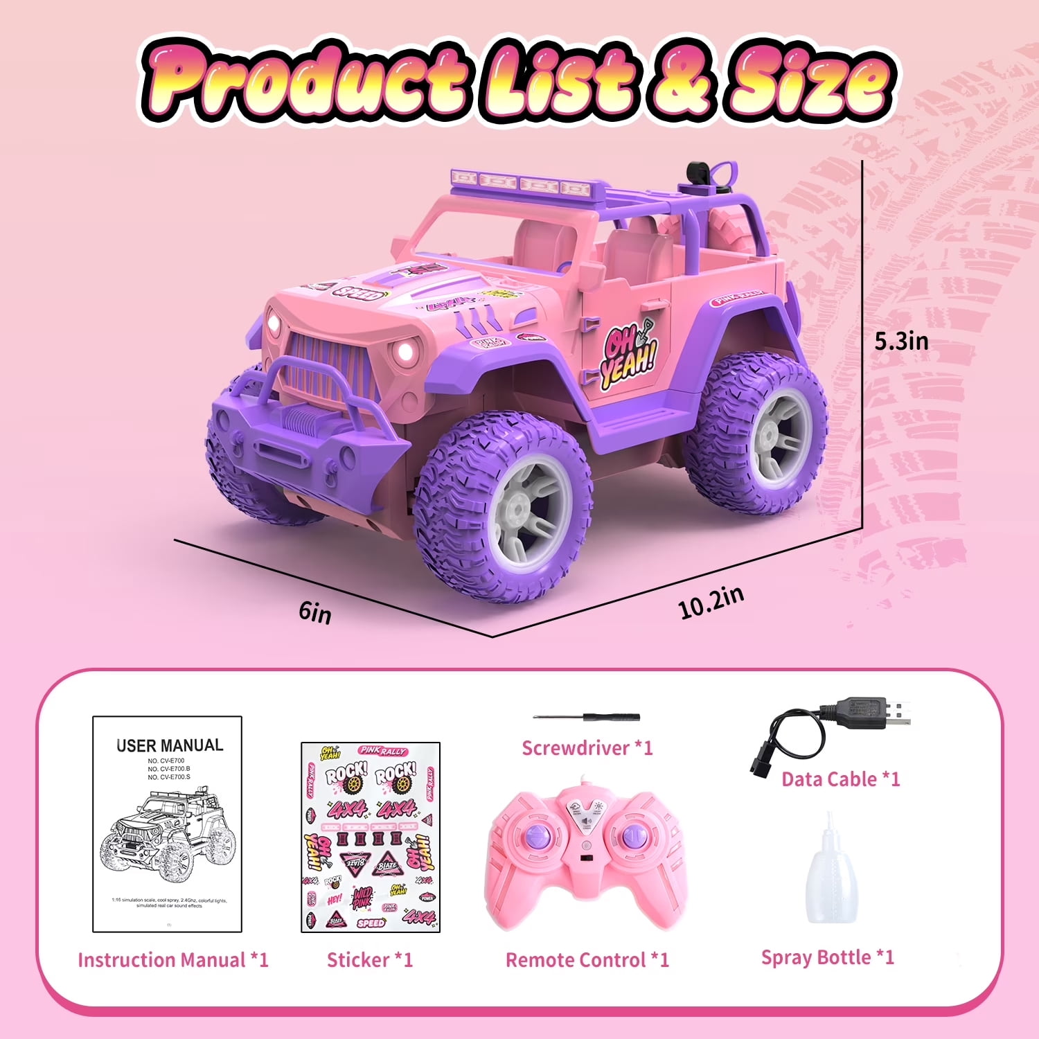JoyStone Pink RC Cars for Girls, 2.4GHz Remote Control Truck with LED Lights, Spray & Sound Effects, DIY Stickers, Toy Cars Gift for Kids 3+