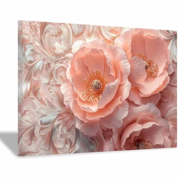 Mudket Embossed Peach Peony Flower Canvas Wall Art, Floral Wall Decor, Framed Ready to Hang Artwork for Living Room Bedroom Luxury Decor - 12"L x 8"W