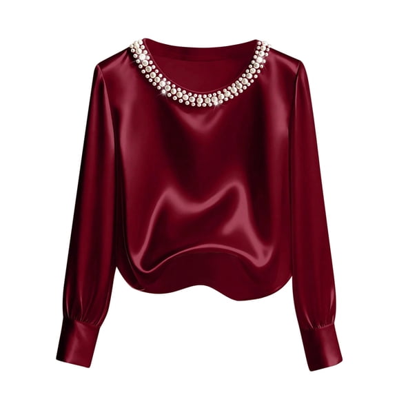 Silk Satin Womens Plain Oversized Tops Pearl Trim Pullover Shirt Long Puff Sleeves with Elastic Cuffs Lightweight Cozy Blouse Crew Neck Top Casual Elegant Outfits Business Office Work Wear