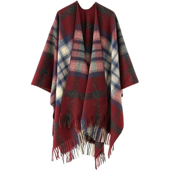 YooGuoGuo Women's Knitted Plaid Shawl Wrap Open Front Blanket Scarf Travel Stole Cozy Vintage Poncho Capes Fringes Cardigan Coat