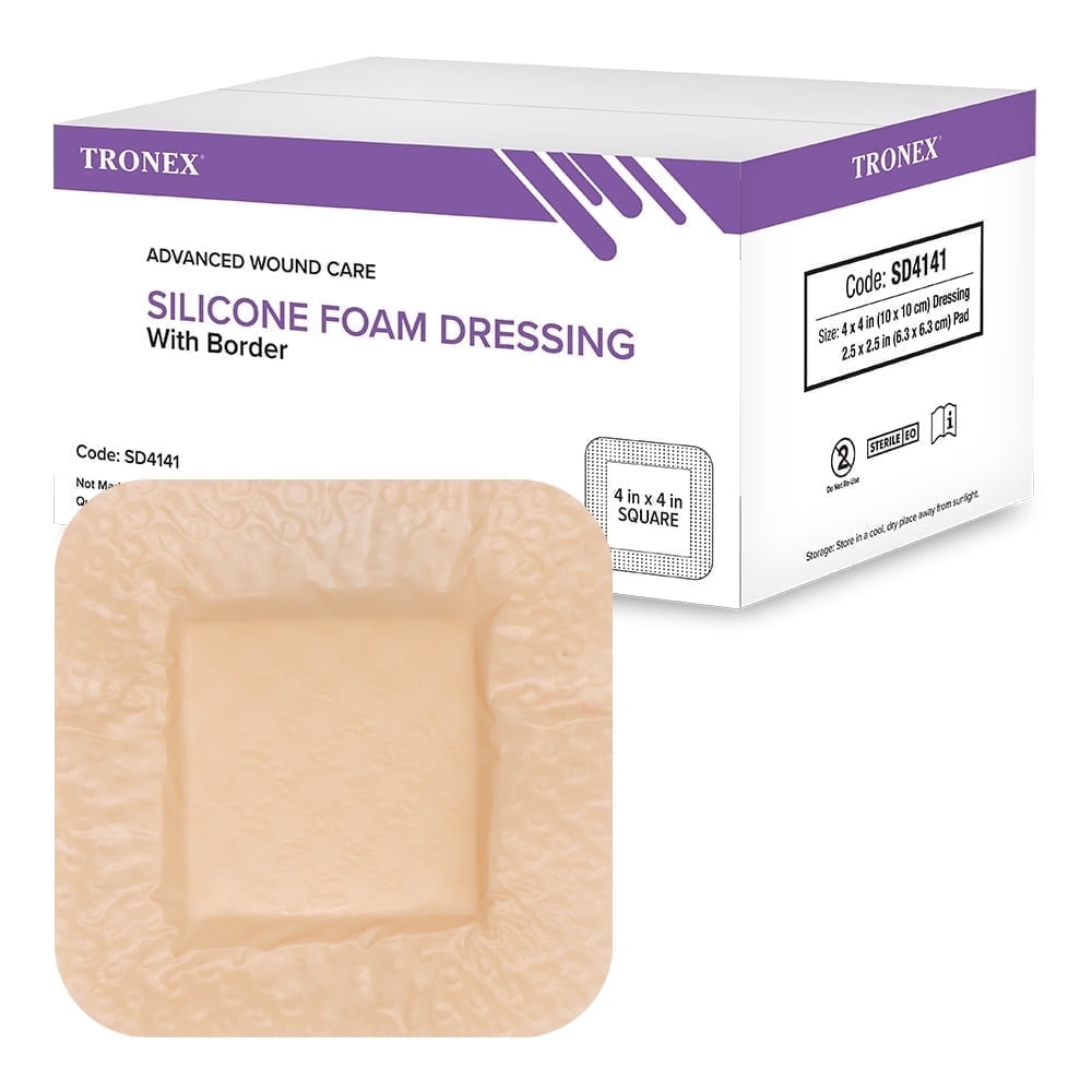 Tronex Silicone Foam Dressing 4x4, Adhesive, Waterproof, Sterile, Ultra Absorbent, Latex Free, Case of 400