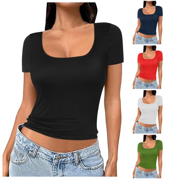 Women's Square Neck Short Sleeve Double Layer Tops Basic Slim Fit Going Out T Shirt Tops