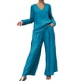 thumbnail image 2 of BRELIL Women Plus Size Two Piece Set V Neck Long Sleeve Top Wide Leg Pants Casual Lounge Matching Outfits Solid Boho Vacation Travel Loungewear, Blue 2XL, 2 of 5